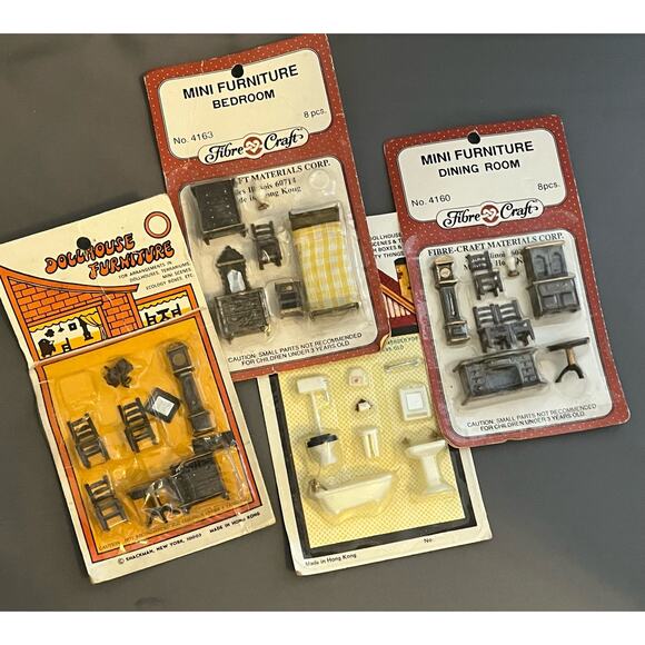 Fibre Craft Mini Doll Accessories Bathroom 2 Dining Bedroom Lot Four Set New - Picture 1 of 10